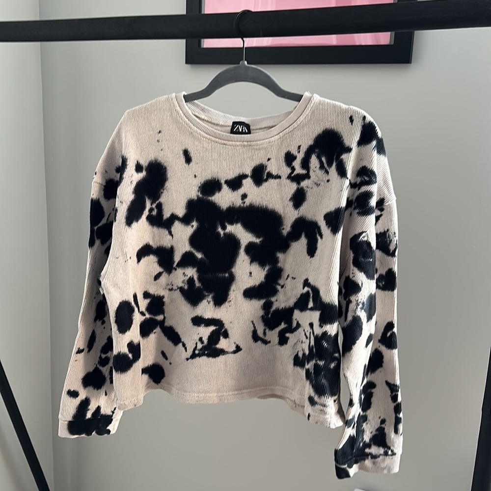 Zara Crewneck Tan Black Tie Dye Sweater Size Small